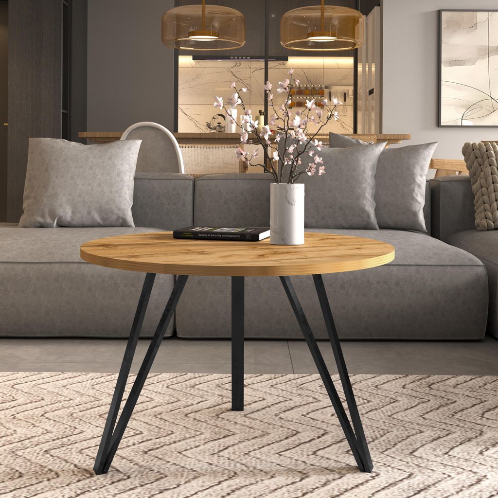 AX LIVING Couchtisch rund Cossie 67cm, Eiche, Schwarzes Produktbild 