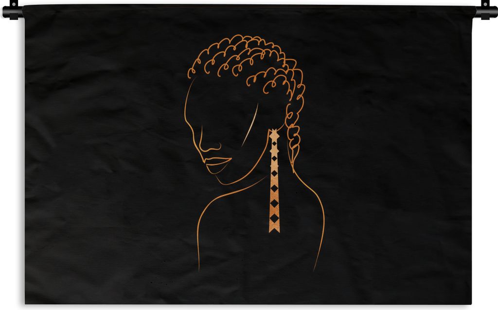 MuchoWow Wandteppich Wandbehang Frau - Ohrringe - Linienkunst - Gold 90x60 cm Tapisserie Dekoration Wandtuch - Wandskulpturen - Bildteppich