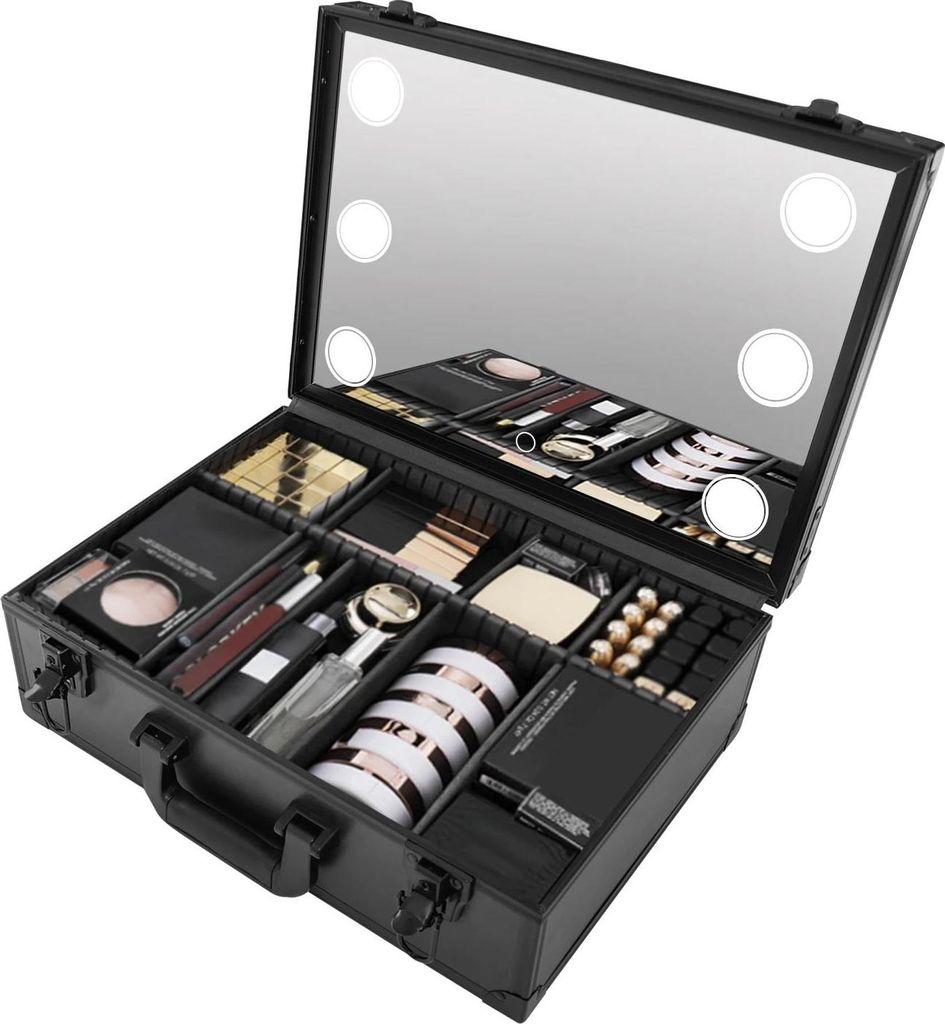 An open black makeup case filled with various makeup products, with a mirrored lid featuring LED lights.