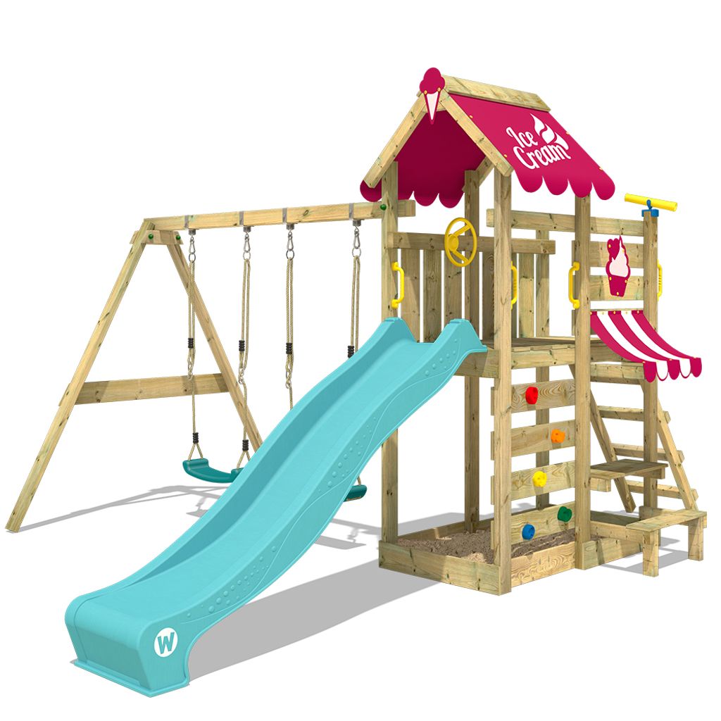 Rutsche mit Kletterturm Holz türkis Spielplatz für Kinderzimmer Garten outdoor 