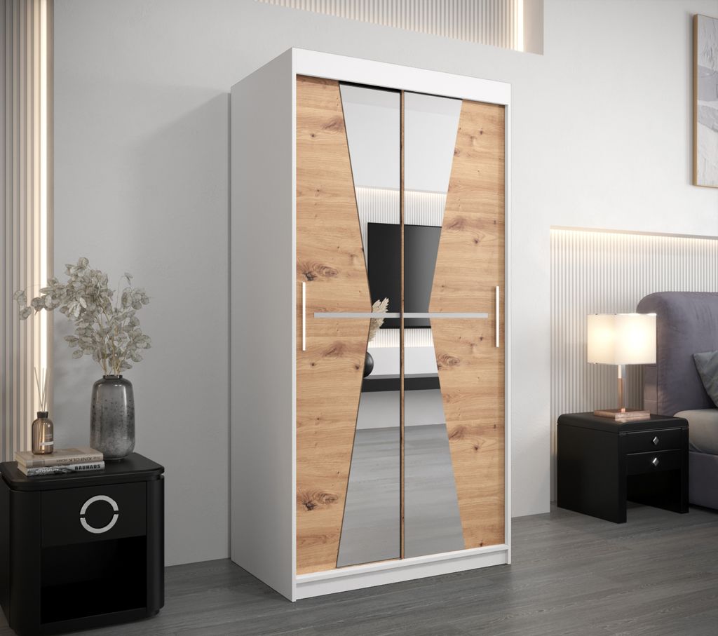 Kleiderschrank mit Spiegeln MILANA – Breite 100 cm, weiß / Eiche artisan