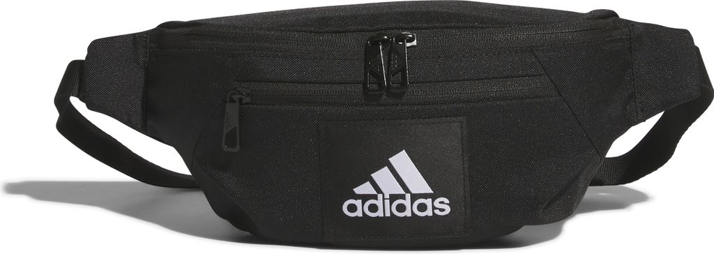 A black Adidas waist bag is shown against a white background.