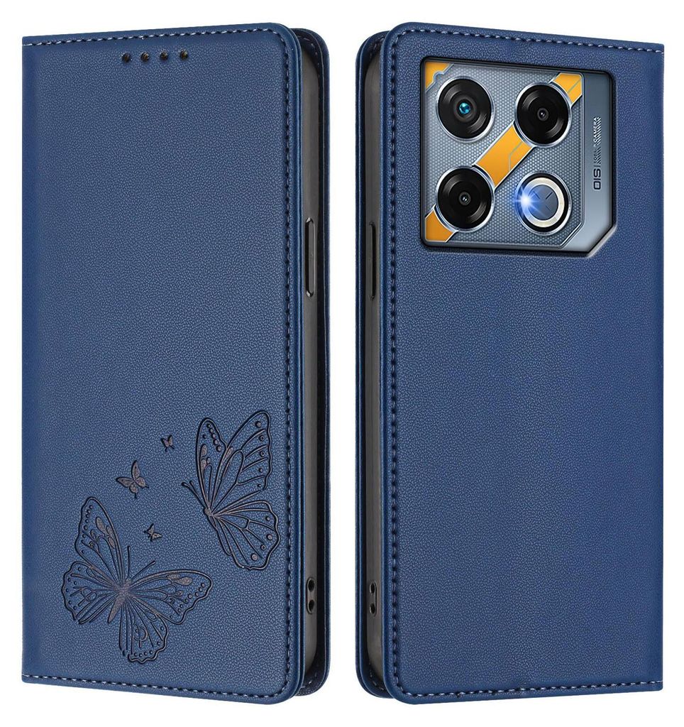 Lederhülle für Infinix GT 20 Pro 5G, Schmetterling Prägung Leder Brieftasche Schutzhülle mit Ständer Dunkelblau