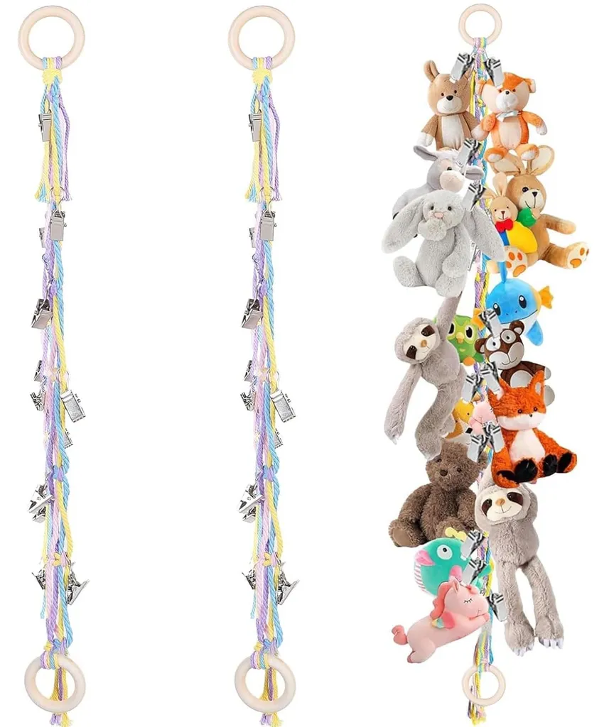 Solution rangement peluches : Support suspendu 20 clips pour mur chambre