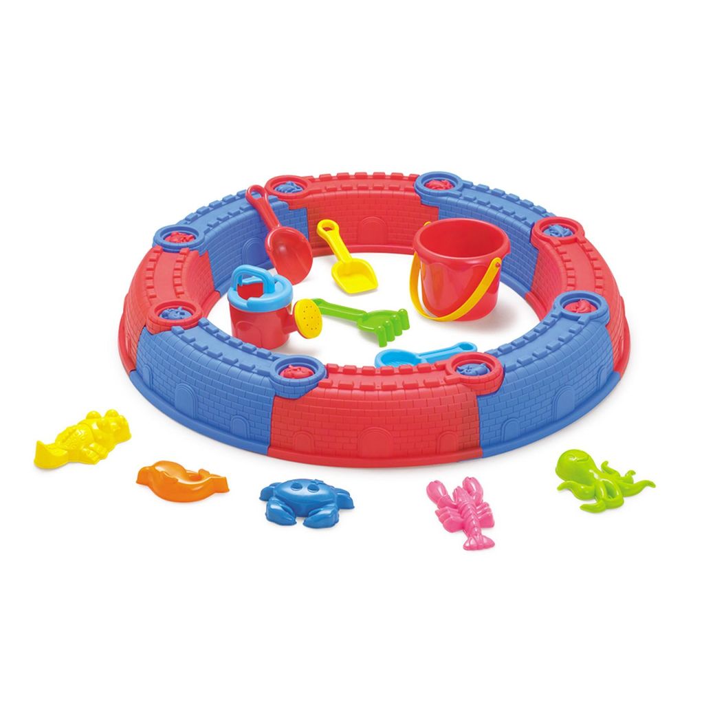 Runder Sandkasten mit Zubehör rot/blau – 11-teiliges Sandspielset