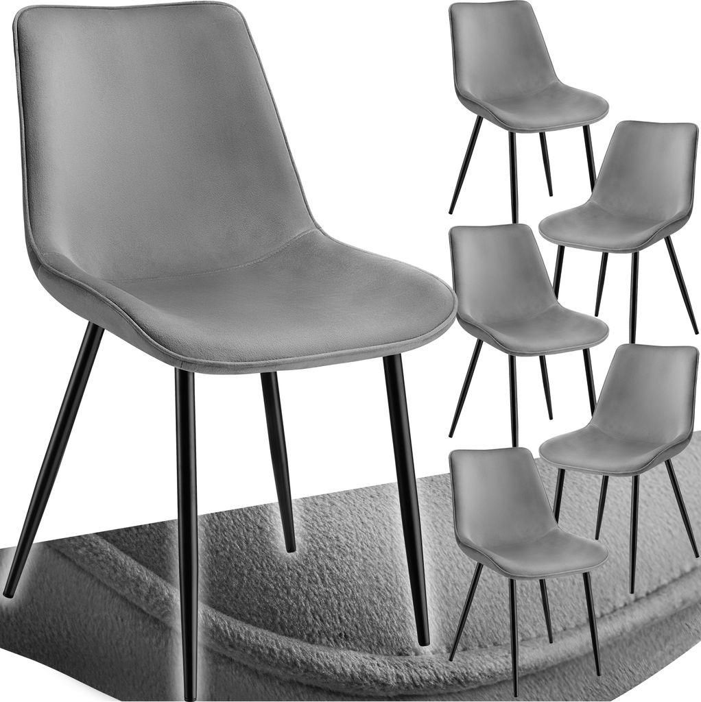 A collage of grey chairs with black legs.