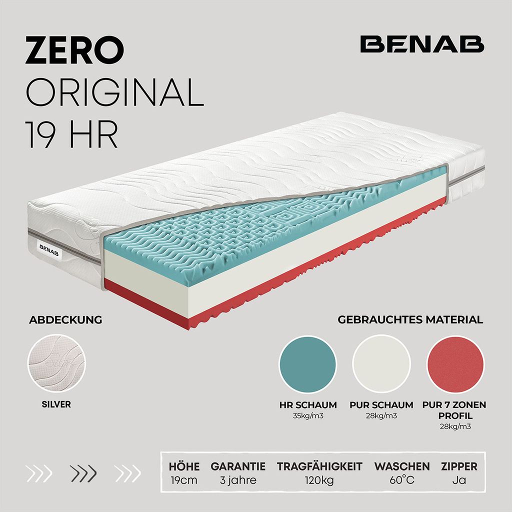 Schaummatratze Benab Zero Original 19 HR Matratze 70 x 195 cm H3 / H4 hart 19 cm hohe Schaummatratzen, Silber, PUR, HR, Knoben, 7 Zonen