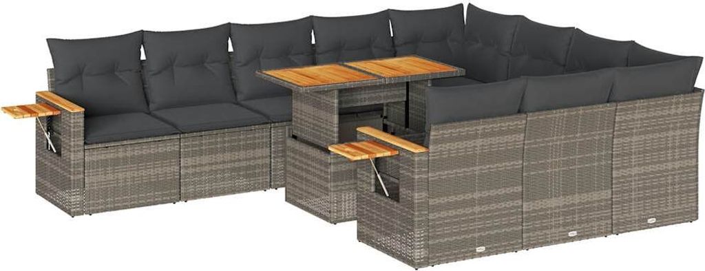 vidaXL 11-tlg. Garten-Sofagarnitur mit Kissen Grau Poly Rattan Akazie