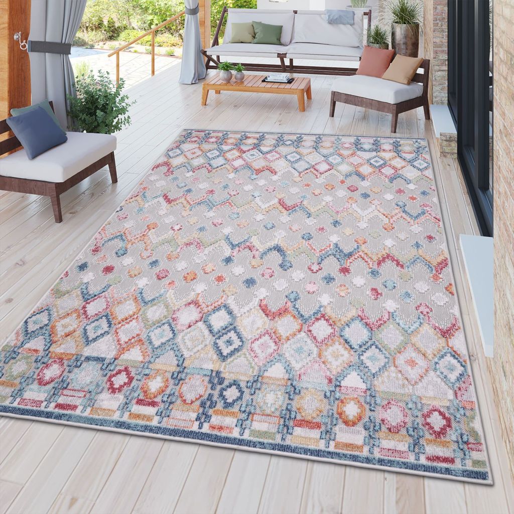 TT Home In-& Outdoorteppich Wetterfest Terrasse Rauten Geometrisches Abstraktes Design Größe 80x150 cm