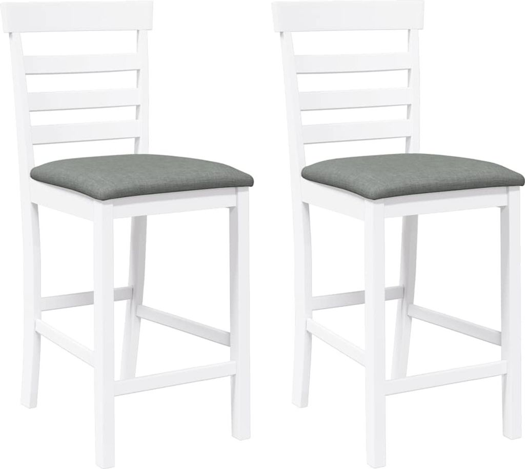 Two white bar stools with gray cushions are shown against a white background.