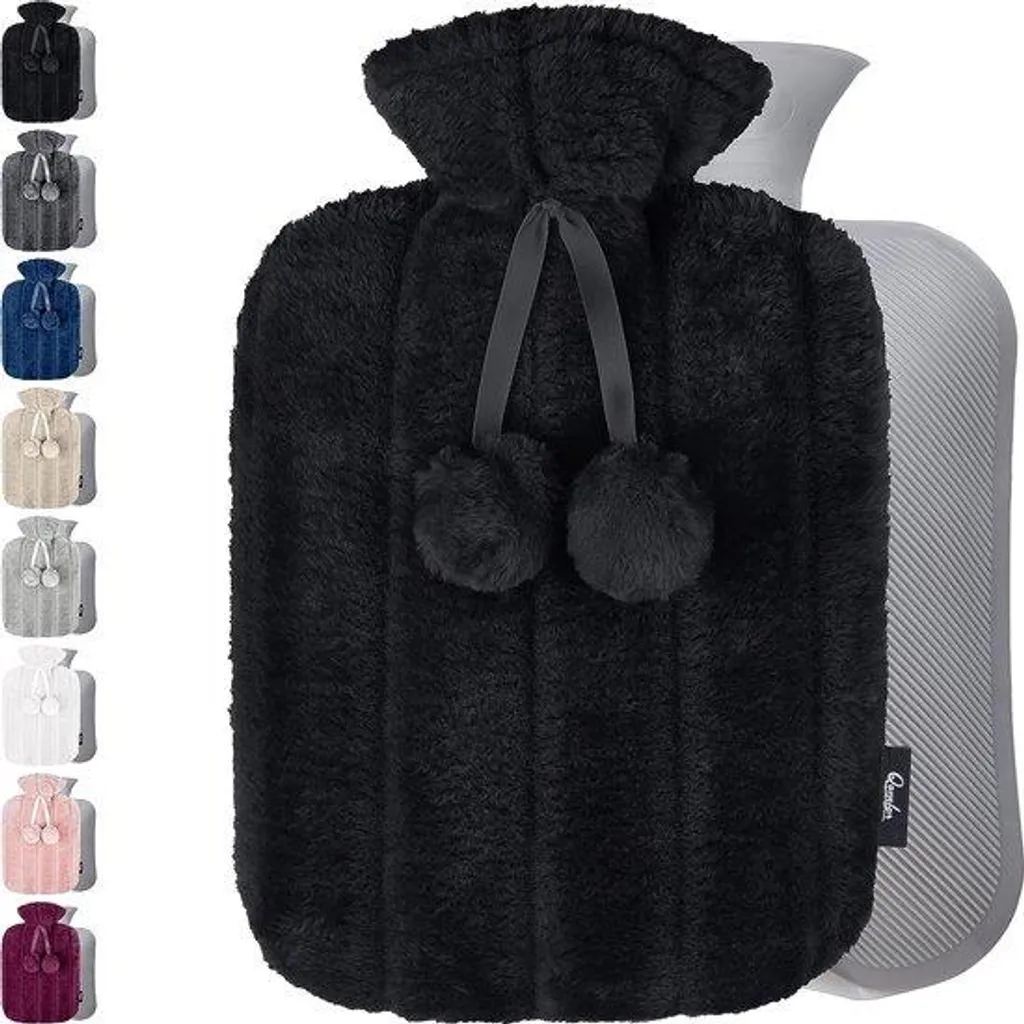 Bouillotte Eau 1,8L avec Housse Noire Douce pour Douleurs Dos et Nuque