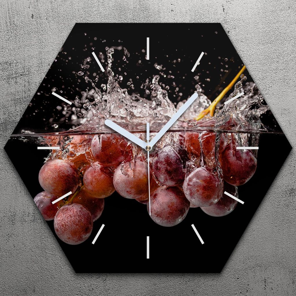 Uhr hexagonal 40 cm Glas Geräuschlos weiße Zeiger - Früchte Spritzen