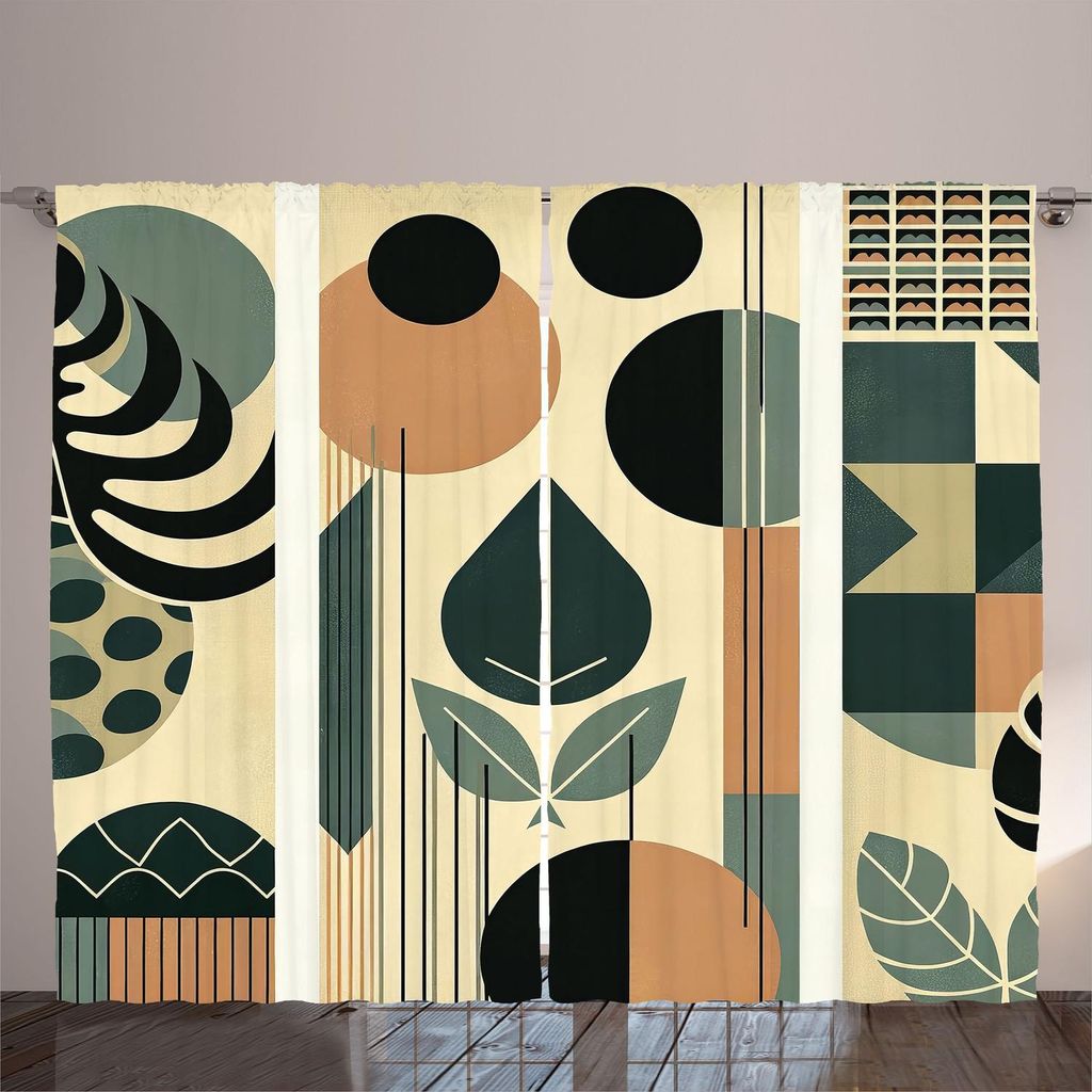 ARANDE Monstera Gardine, Boho abstraktes Mid Century Geometrieformen und Blätter Immergrün, 280 x 225 cm, Blasser Rosedagrün Kamel
