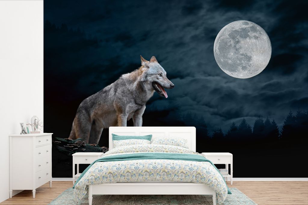 MuchoWow Fototapete für Wohnzimmer oder Schlafzimmer Wandtapete Vinyl Motivtapete Wolf - Mond - Nacht - Tiere - Porträt - 420x280 cm - Zimmer f...