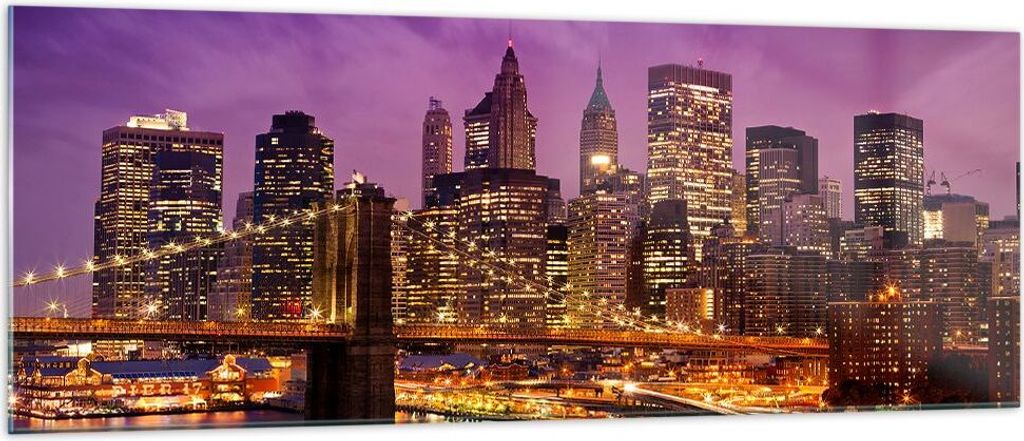 Bilder auf glas - New york nacht brooklyn brücke - 140x50cm - Glasbilder - Wandbilder - Kunstdruck - zum Aufhängen bereit - Wanddekoration aus Gl...