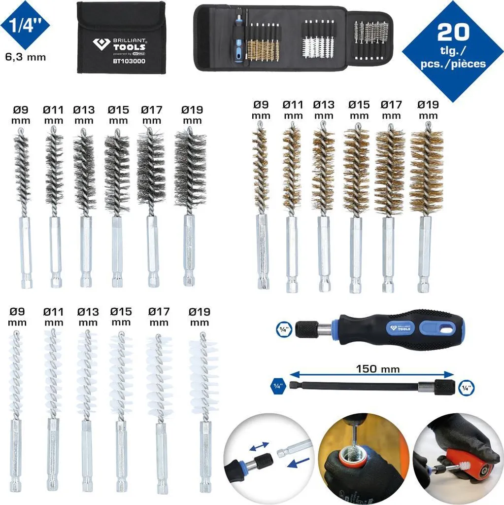 Assortiment de brosses de nettoyage pour perceuse et usage manuel 20 pces - 11