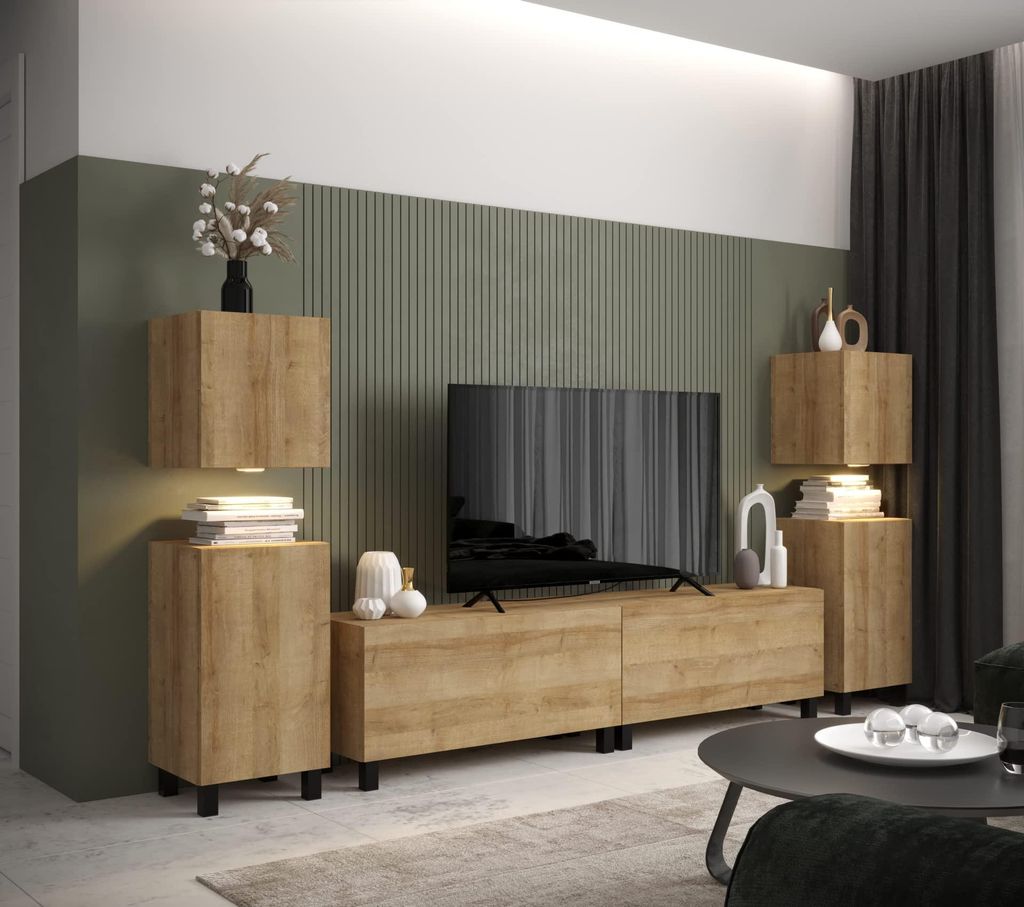 Furnitech Wohnwand Wohnzimmer - Wohnzimmer Möbel mit LED RGB - 16 Farben - Hängend Wohnwand Modern - Regale und TV Schrank (AN106-21DZ-M4-1B)