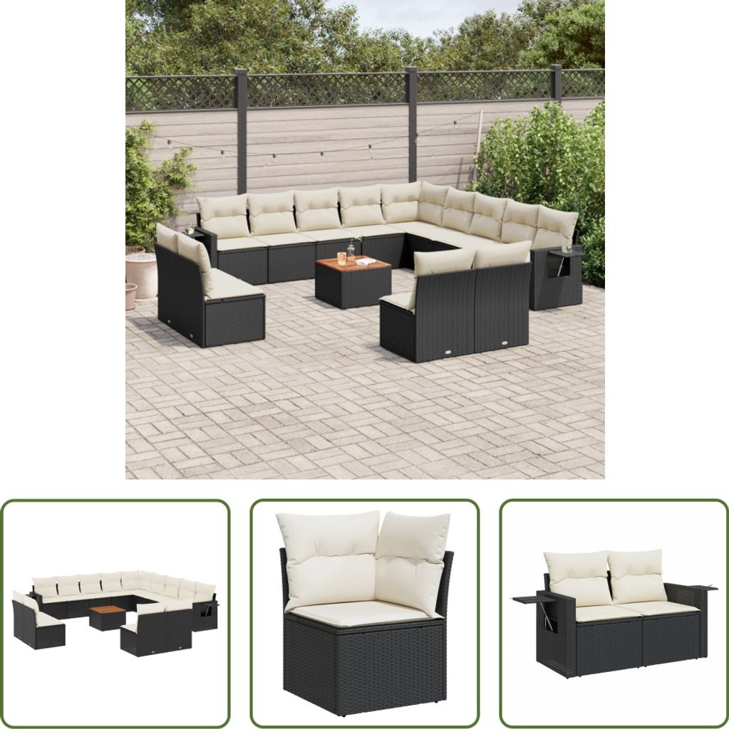 The Living Store 14-tlg. Garten-Sofagarnitur mit Kissen Schwarz Poly Rattan