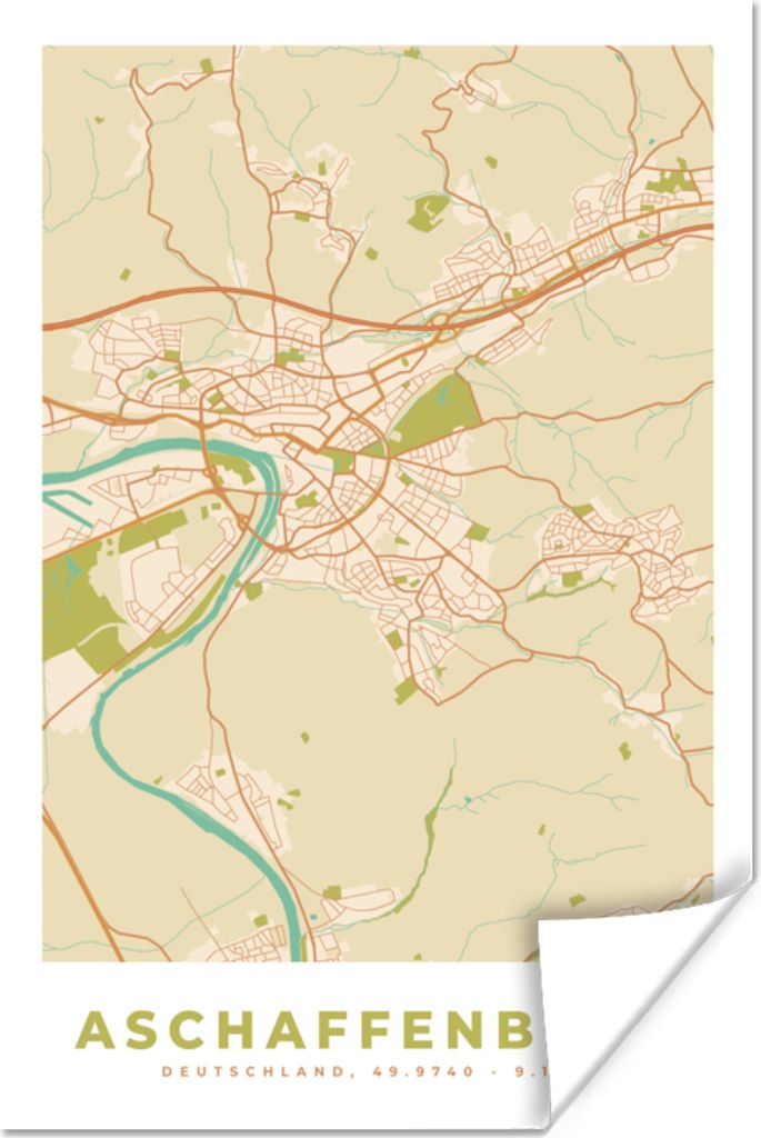 MuchoWow Poster Karte - Jahrgang - Afschaffenburg - Karte 80x120 cm - Papierdruck
