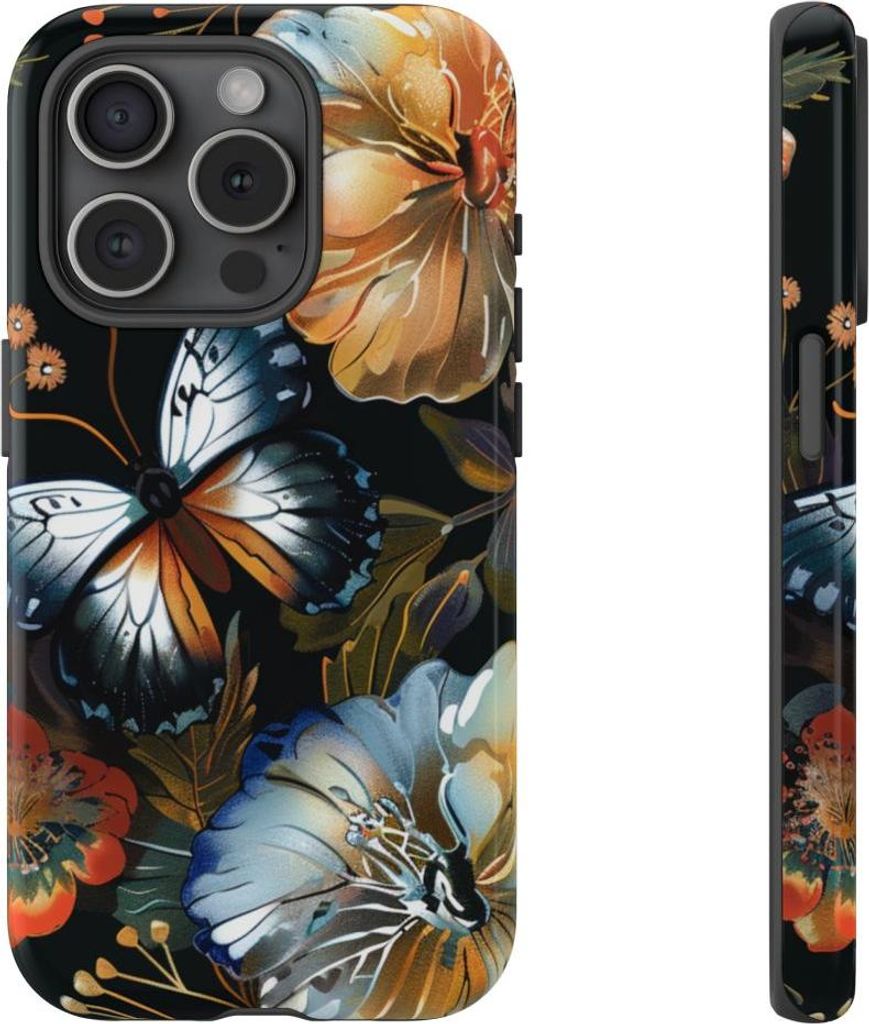 Schmetterlinge und Blumenmuster auf Schwarz – Hülle Kompatibel mit iPhone 15 Pro