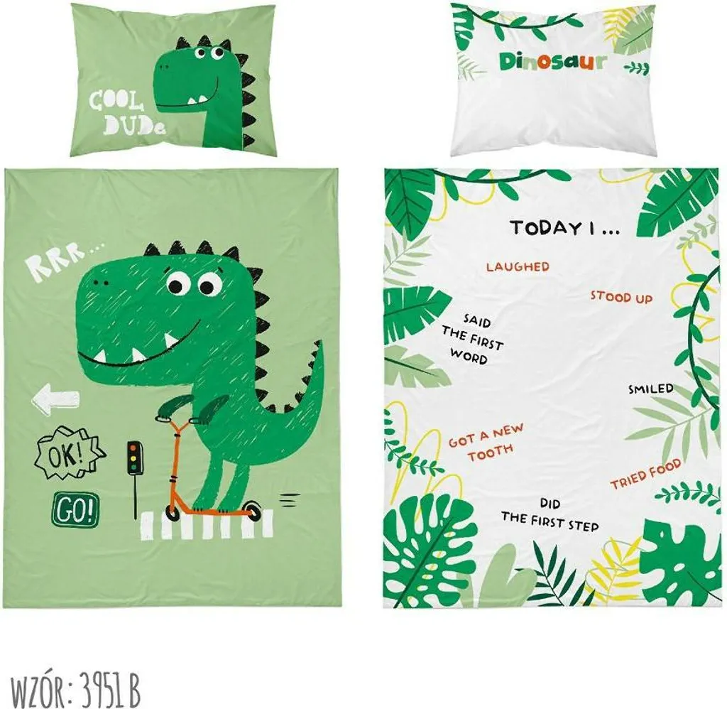 Linge de lit en bambou pour bébé 90x120 cm Dinosaure vert et blanc doux