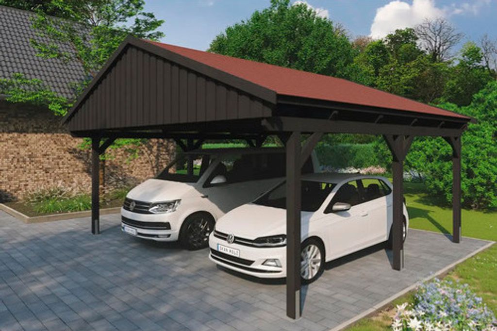 Doppelcarport SKAN HOLZ Fichtelberg inkl. Pfostenanker, rote Dachschindeln 618 x 566 cm anthrazit