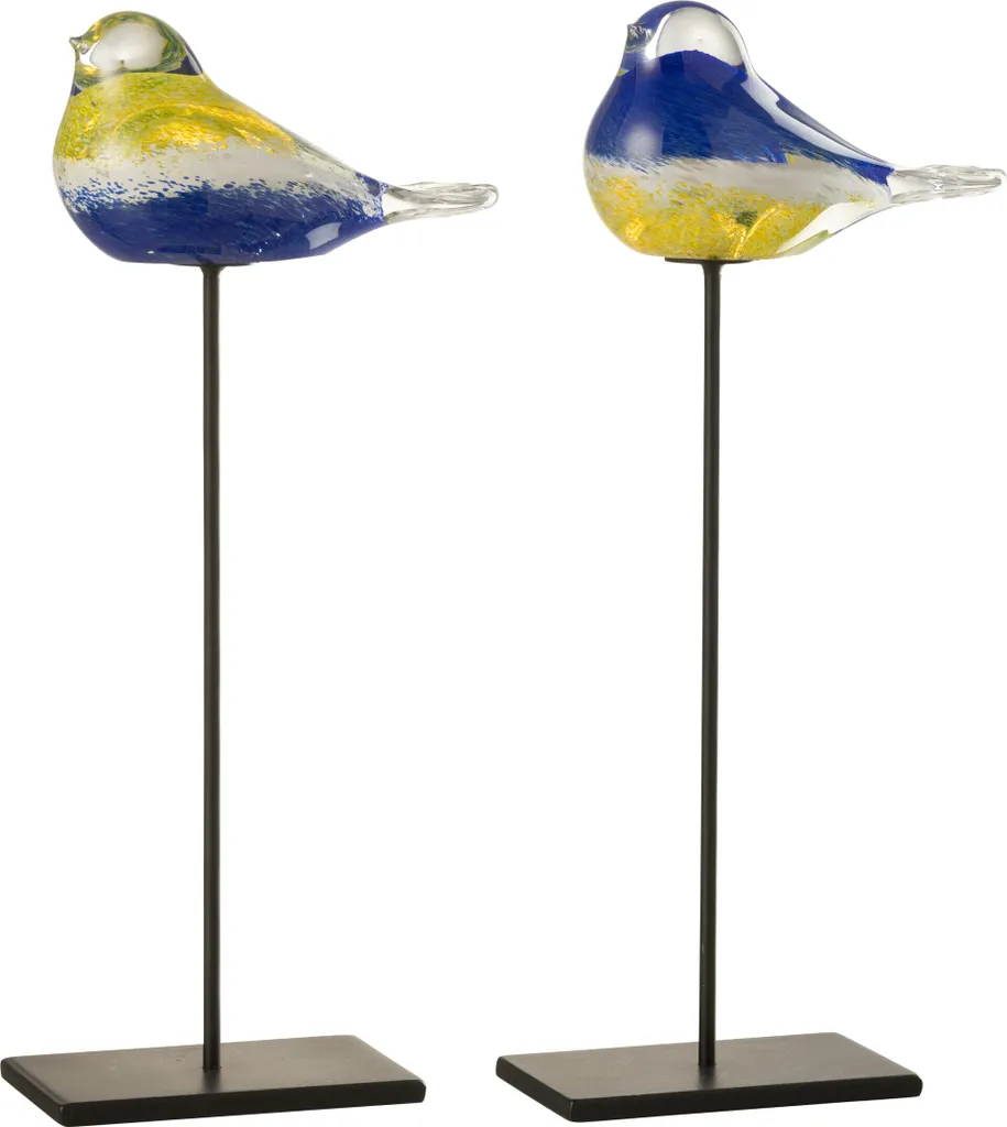 J-Line Oiseau sur Pied Verre et Métal Bleu Jaune Large 2 Modèles 24cm