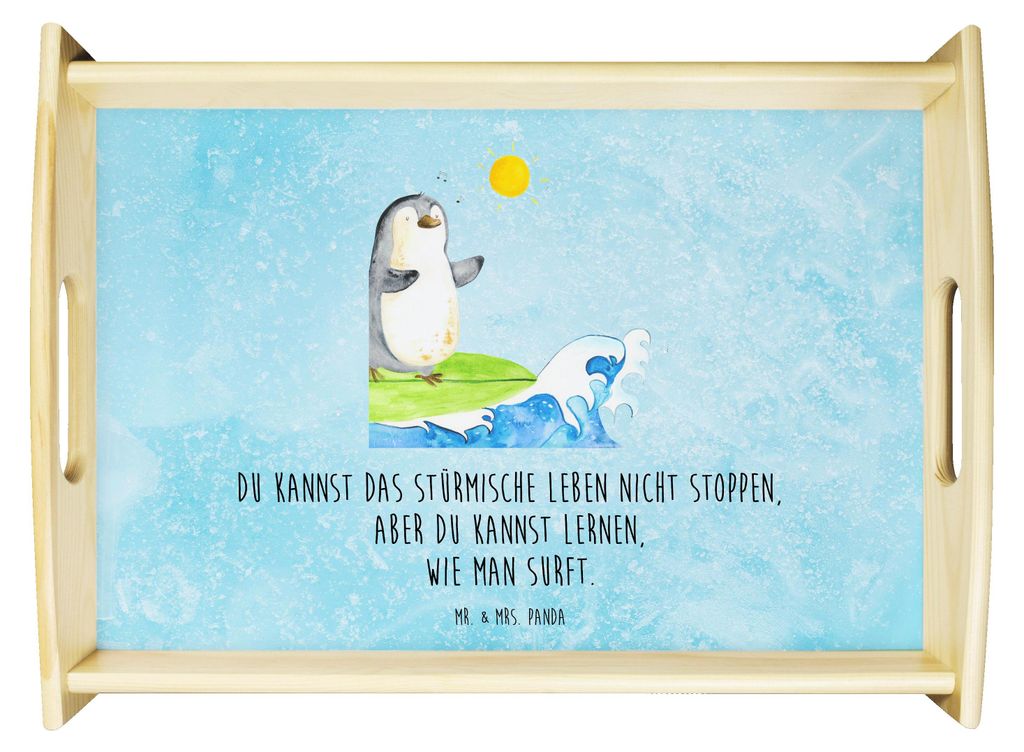 Mr. & Mrs. Panda Tablett Pinguin Surfer - Eisblau - Geschenk, Serviertablett, Hawaii, Servier, Portugal, Motiviert, Urlaub, Deko, Optimistisch, Bet...