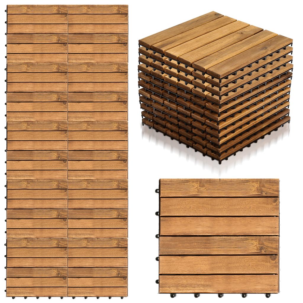 TolleTour Holzfliesen 22er-Set, Terrassenfliesen aus Akazienholz, 30x30cm, 2 m² Balkonfliesen, Bodenbelag mit Drainagensystem - 6 Latten pro stück