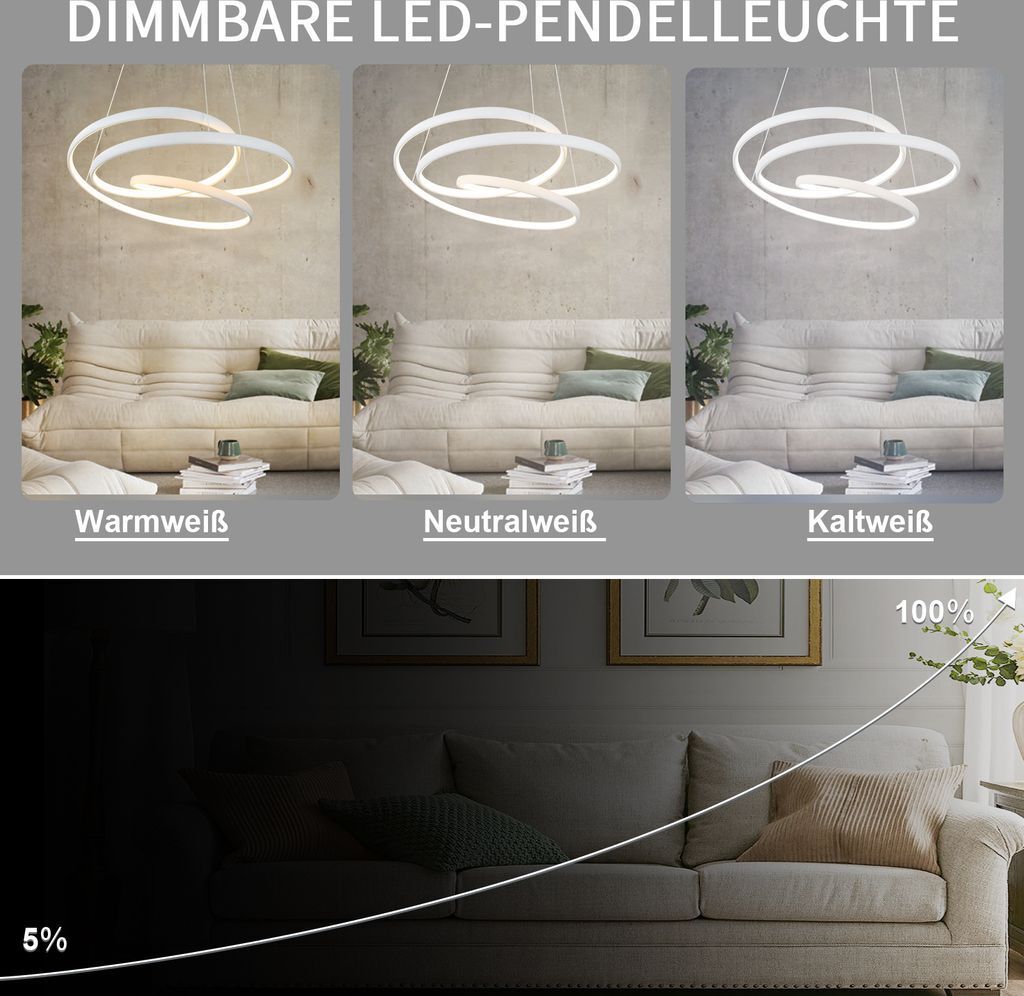 ZMH LED Pendelleuchte Esszimmer Weiß Dimmbar mit Produktbild 4