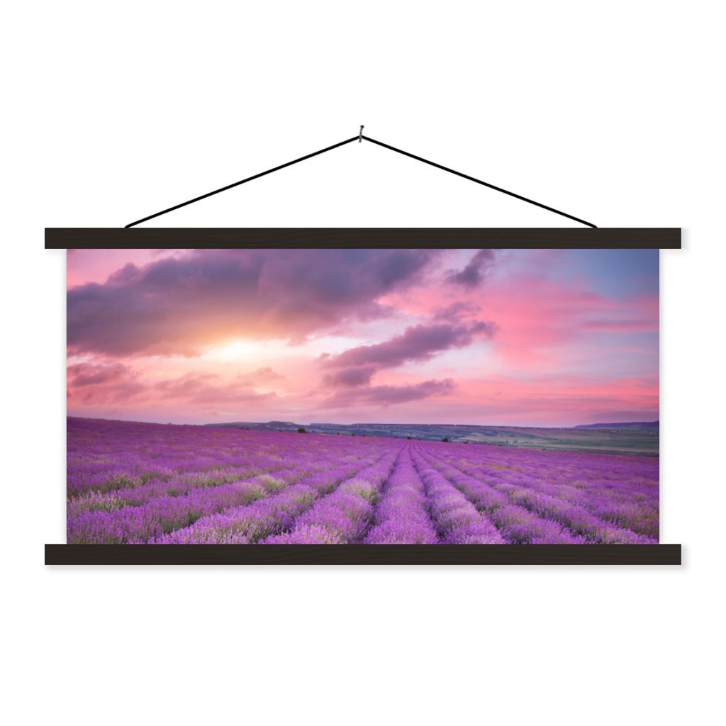 MuchoWow Textilposter Lavendel - Lila - Wolken - Blumen 150x75 cm mit schwarzem Rahmen - Posterleiste