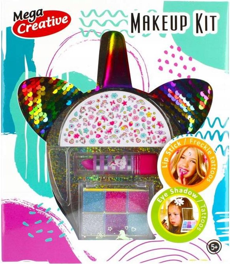 Mega Creative Das Schönheits -Set Makeup 5 479642 MC - Band mit Paillettenohren und Regenbogen -Einhorn, Palette mit Schatten, Lippenstift zu Lipp...