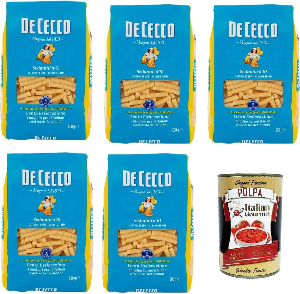 De Cecco Sedanini N°61, 100% Italienisch Pasta Nudeln 5x 500g + Italian Gourmet Polpa 400g