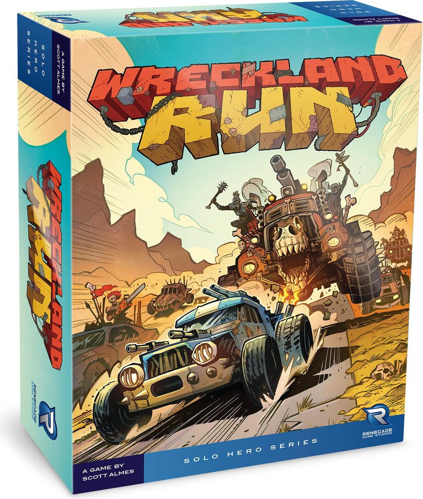 The image shows the front and side panel of a board game box, depicting a post-apocalyptic racing scene with stylized vehicles and characters.