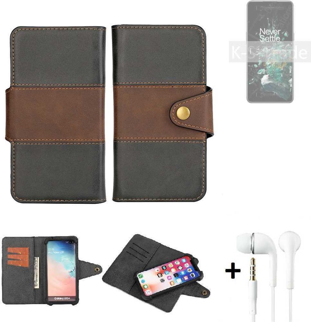 K-S-Trade Handyhülle Schutzhülle Bookstyle Wallet-Case kompatibel mit OnePlus 10T + earphones Bumper rundumschutz schwarz-braun 1x