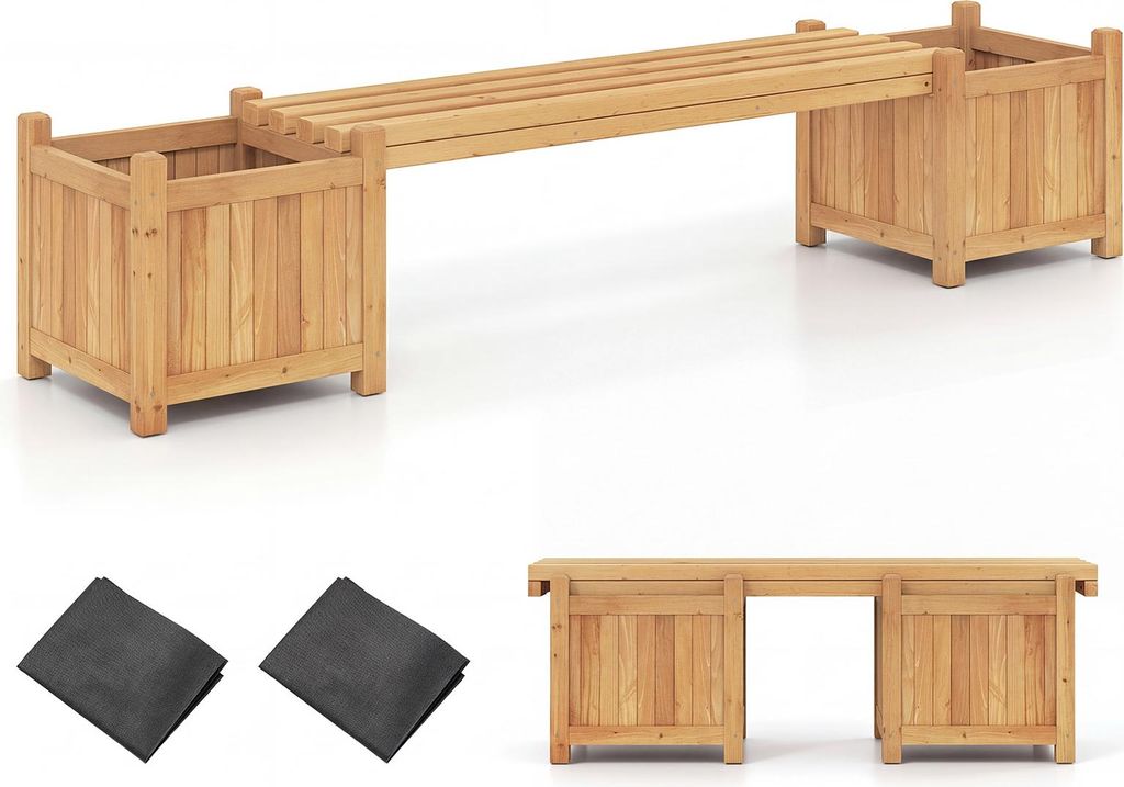 COSTWAY Blumenkasten mit Gartenbank, Holzbank mit 2 seitlichen Pflanzkästen, 2-Sitzer Sitzbank aus Massivholz, Bank Outdoor, Natur 169 x 35 x 35 cm