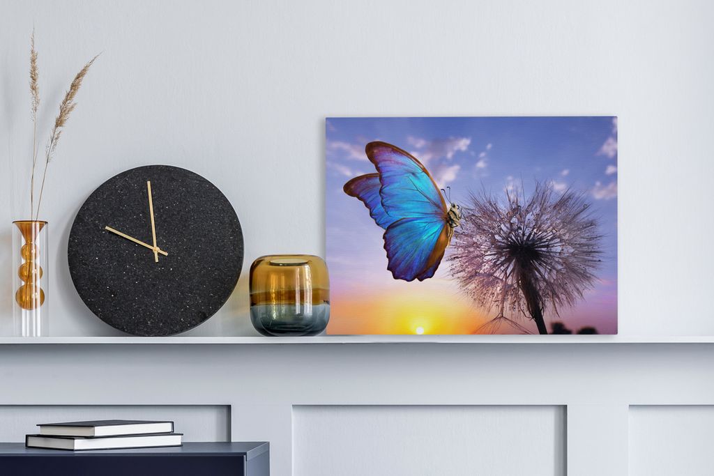 MuchoWow - Leinwandbilder - Schmetterling - Sonnenuntergang - Löwenzahn - Blau, Wandbild, Wanddeko Bilder Wohnzimmer, 40x30 cm