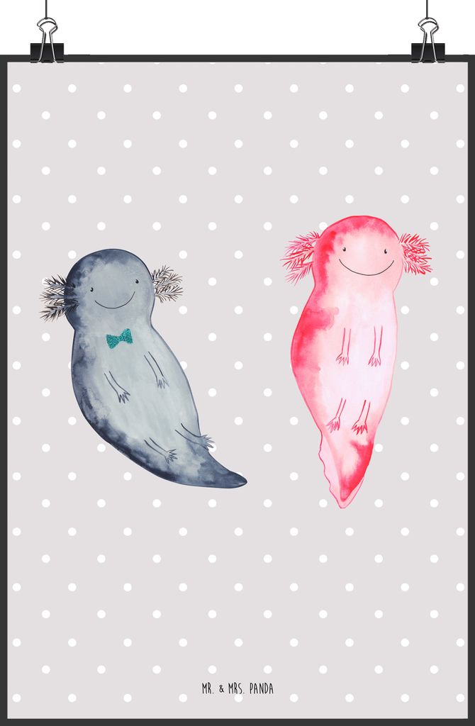 Mr. & Mrs. Panda Bild Axolotl Freundin DIN A2 - Grau Pastell - Geschenk, typografie poster, Wanddekoration, drucke, Lurch, Plakat, Valentinstag, Li...