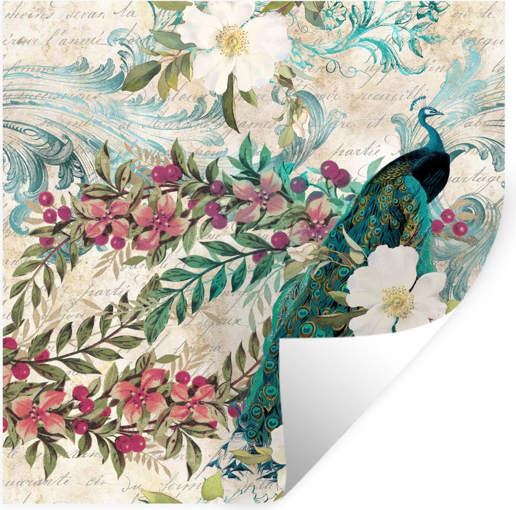 MuchoWow Wandtattoo Wandsticker Wandaufkleber Blumen - Kunst - Pfau 100x100 cm Selbstklebend und Repositionierbar - Wierderverwendbar - Selbstkle...