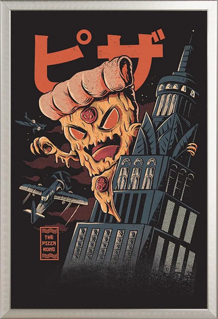 Set Poster Ilustrata Pizza Kong e Cornice Shinsuke Argento 61x91,5