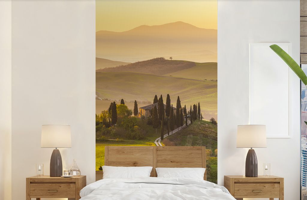 MuchoWow Fototapete für Wohnzimmer oder Schlafzimmer Wandtapete Vinyl Motivtapete Italien - Weinberg - Olivengarten - 120x240 cm - Hintergrundbild