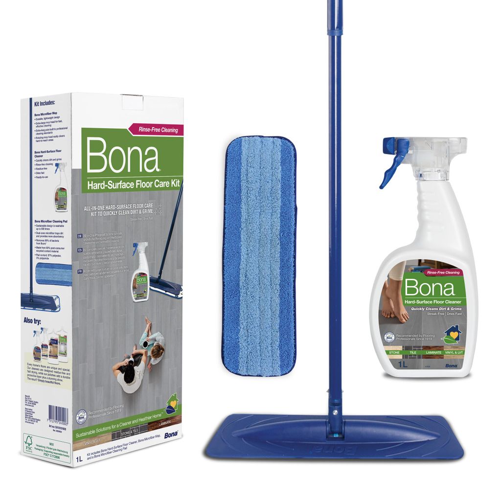 Bona Bodenwischer Set für Stein, Fliesen und Laminat, Wischmopp Set mit 1 L Reiniger und Mikrofaser-Reinigungspad, Wischer für Laminat, Stein Rei...