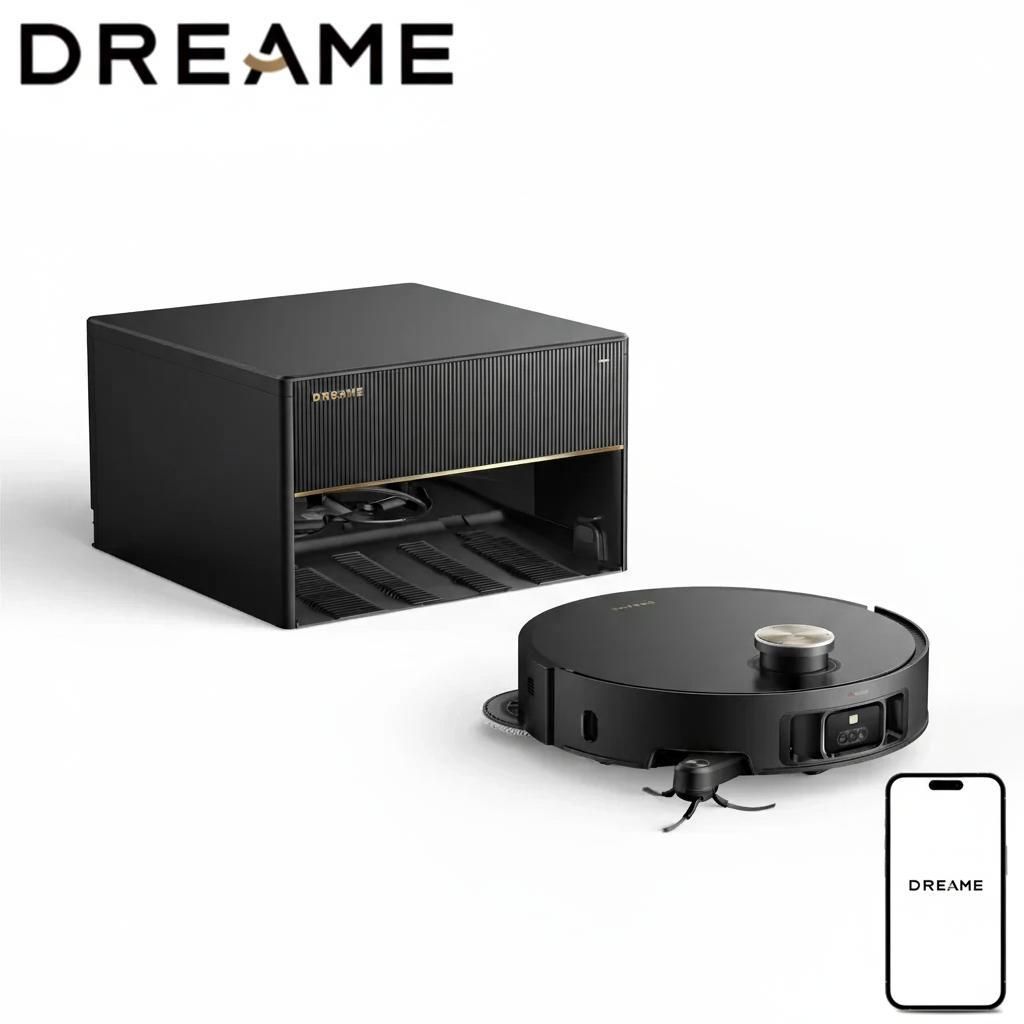 A black robot vacuum cleaner and its charging/emptying station are displayed on a white background, with a smartphone icon showing the brand logo in the lower right corner.