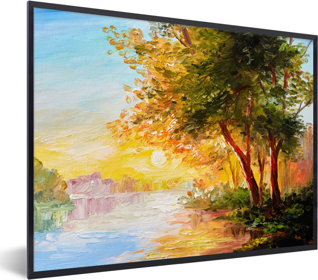 MuchoWow Gerahmtes Poster Natur - Malerei - Baum - Wasser 80x60 cm - Poster mit Schwarzem Bilderrahmen Wandposter Rahmen Foto Bilder - Schwarzem ...