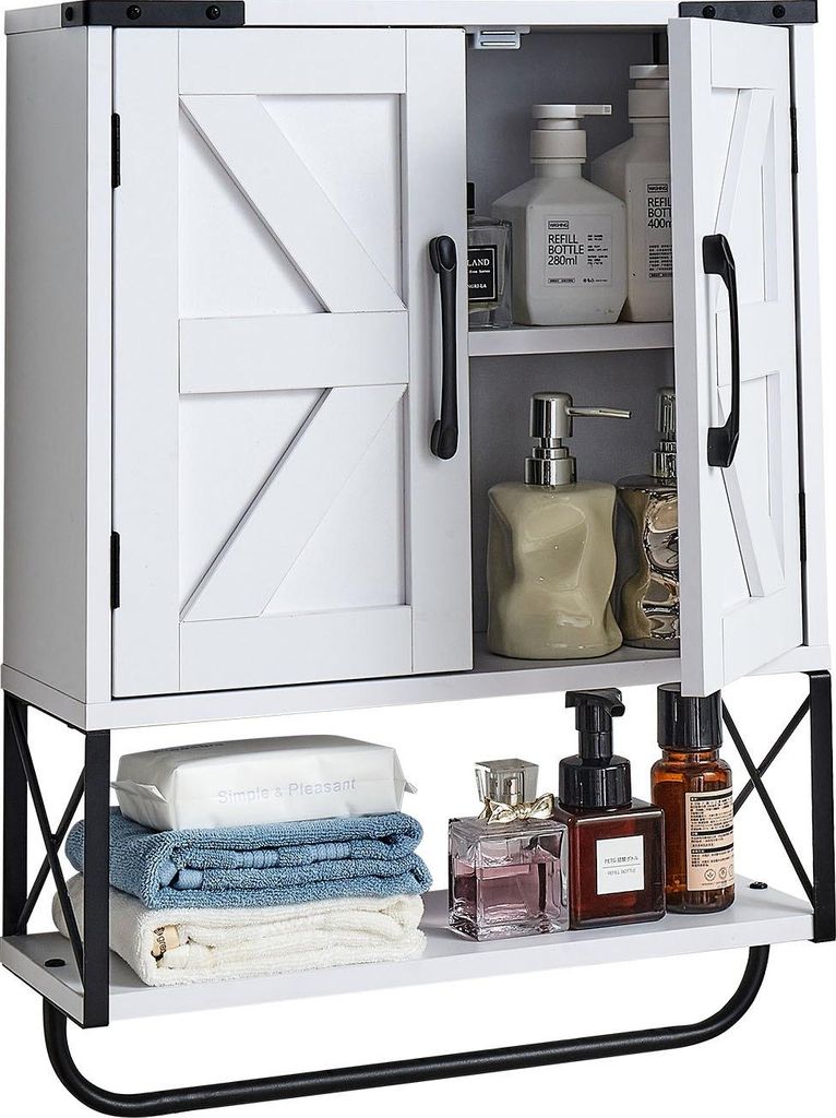 Badezimmer Wandschrank - Medizinschrank/Hängeschrank - Mit 2 Türen - Verstellbare Einlegeböden - Offene Ablage - Handtuchhalter - Wandmontage - ...