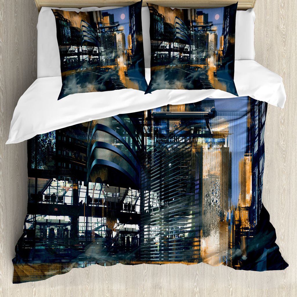 ABAKUHAUS Futuristisch Bettbezug, cyberStadtBild, Milbensicher Allergiker geeignet mit Kissenbezügen, 200 cm x 200 cm - 80 x 80 cm, Schwarz Orange...