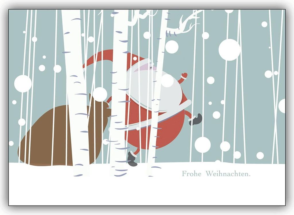 Humorvolle Weihnachtskarte mit gehetztem Weihnachtsmann im Schnee