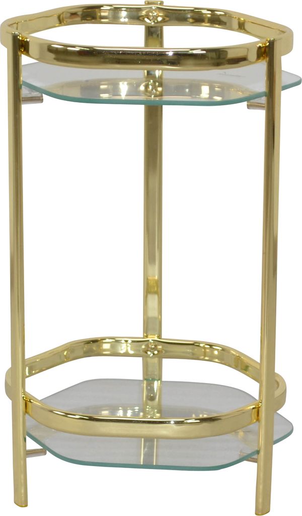 A gold-colored plant stand with two clear glass shelves, shown against a white background.