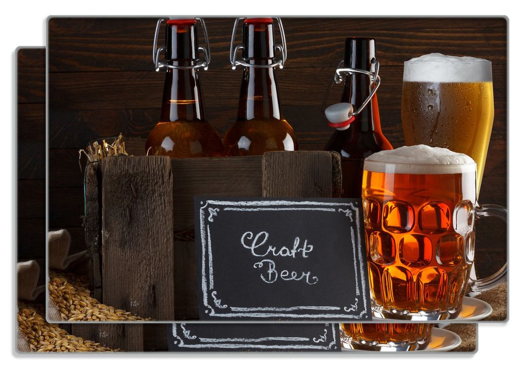 Wallario Frühstücksbrettchen 2er Set aus Glas, je 20 x 30 cm, mit rutschfesten Füßen, Motiv Biervarianten - Pils im Glas Flaschenbier Schild Cr...
