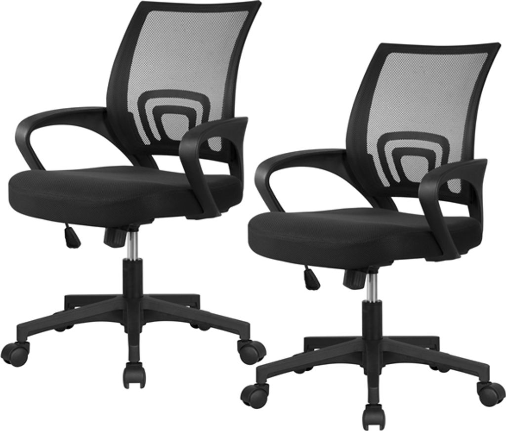 Two black office chairs are shown against a white background.